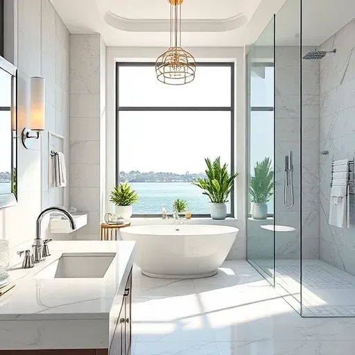 Luxurious remodeled bathroom in Marina del Rey with freestanding tub, marble countertops, and stylish lighting.