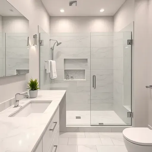 Bright renovated small bathroom in Hawthorne CA with white marble countertops, chrome fixtures, frameless glass shower, and modern lighting