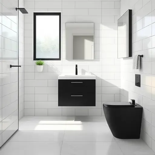 Bright modern small bathroom in Leimert Park with white tiles, black fixtures, marble countertop, natural light, and minimalist decor