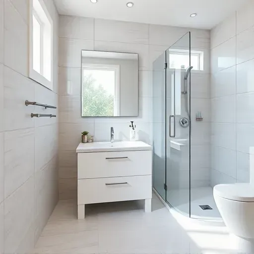 Renovated small bathroom in Westchester CA with modern fixtures, white vanity, glass shower, and natural light.