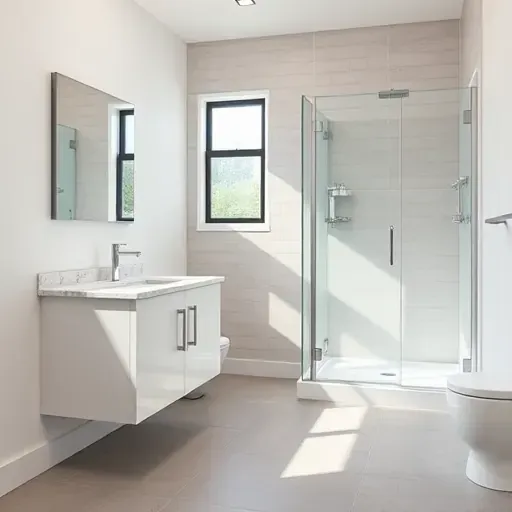 Freshly remodeled small bathroom in Carson CA with modern fixtures, clean lines, white vanity, and glass shower.