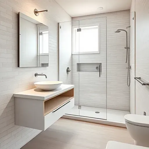 Small modern bathroom in Playa del Rey with sleek fixtures, floating marble vanity, glass shower, and natural lighting