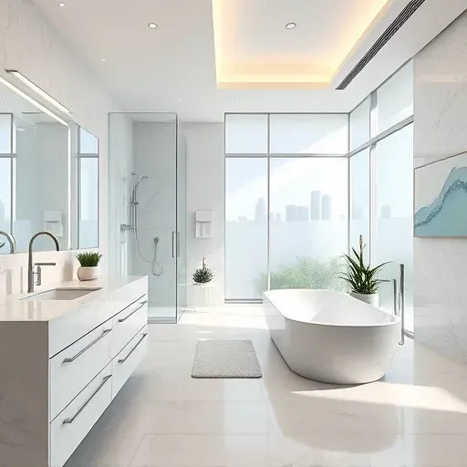 Modern Los Angeles luxury bathroom with marble countertops glass shower soaking tub natural light skyline mural
