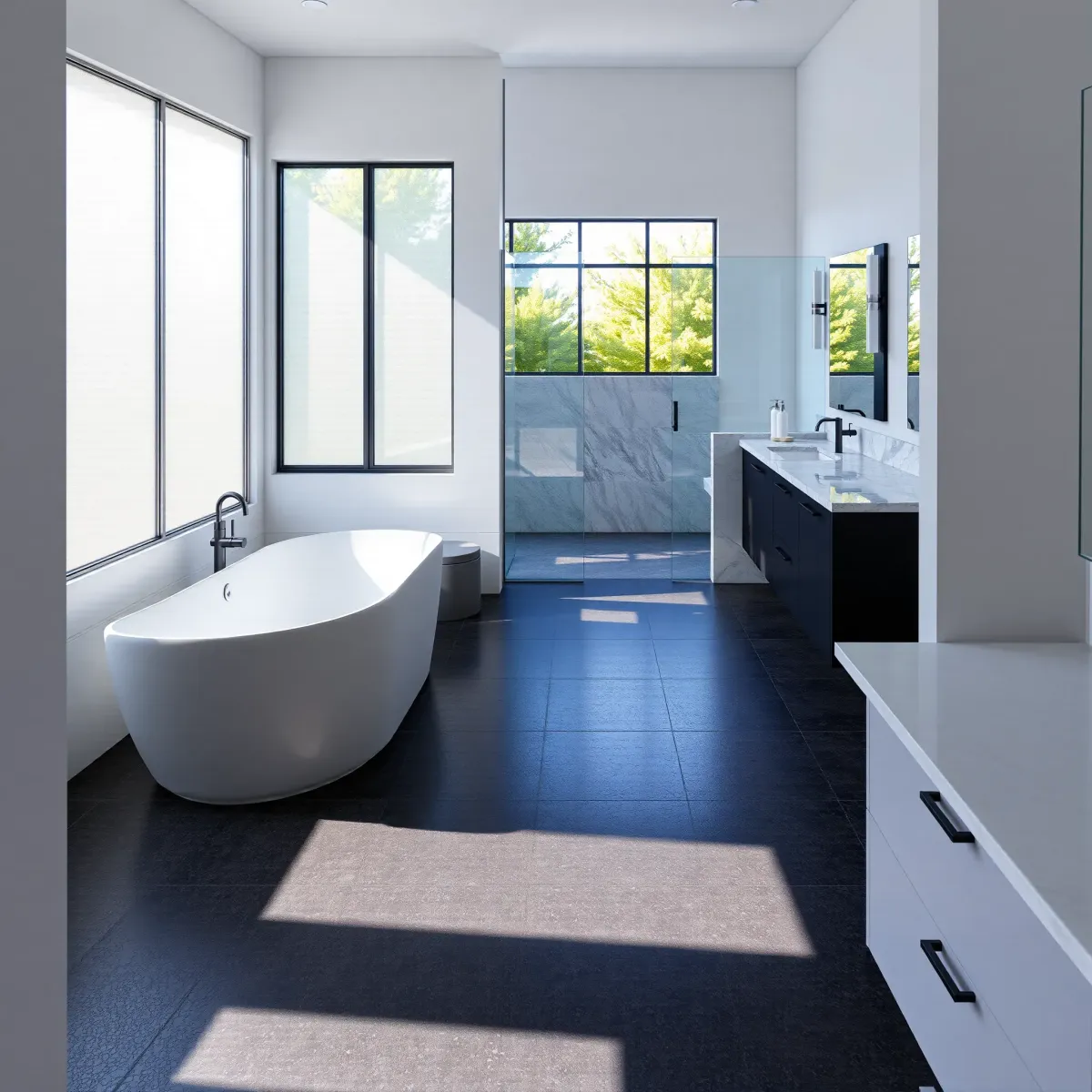 Luxurious West LA bathroom with marble countertops, glass shower, freestanding tub, modern fixtures, and elegant decor.