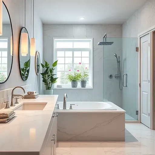 Luxury bathroom remodel in View Park, CA featuring marble countertops, chrome fixtures, large soaking tub, and stylish tiles.