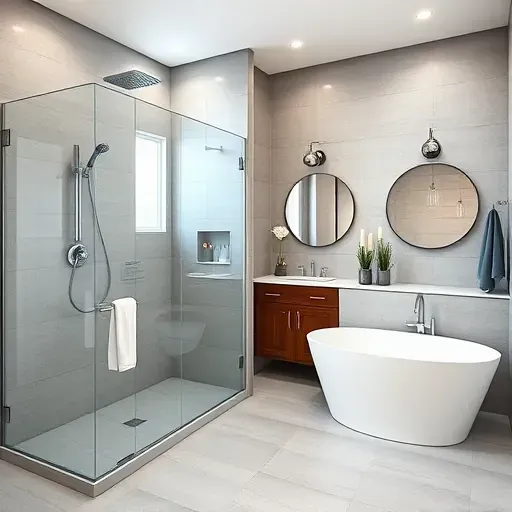 Modern bathroom remodel in Harvard Heights CA featuring gray ceramic tiles, a walk-in shower, and elegant soaking tub.