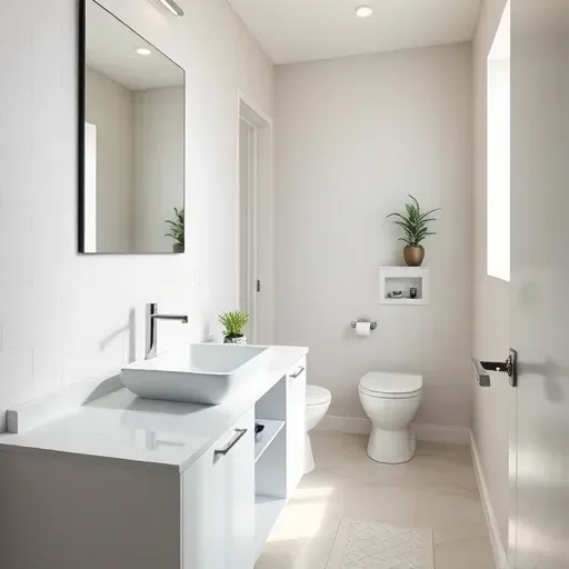 Renovated small bathroom in Hawthorne California with white marble countertop, vessel sink, matte subway tiles, and natural light