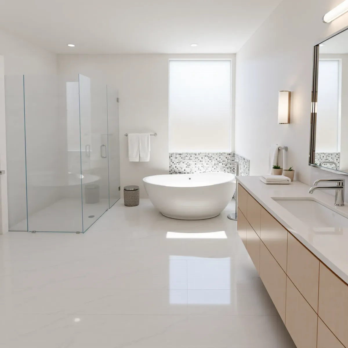 Completed modern bathroom in Harvard Heights, CA with marble floors, freestanding tub, glass shower, double vanity, and elegant decor.