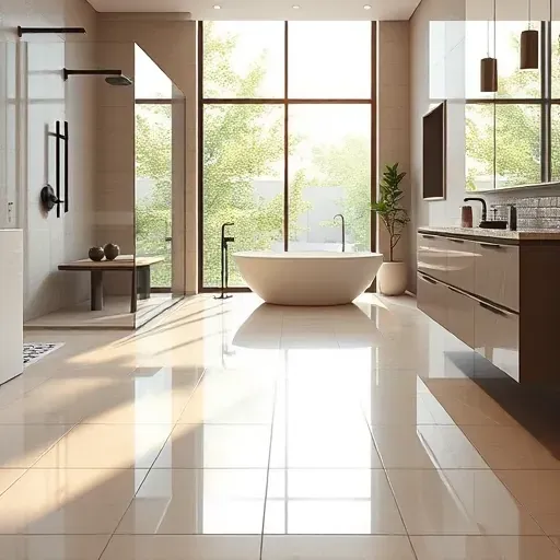 Freshly completed modern bathroom with polished ceramic tile flooring, sleek fixtures, and stylish decor in Los Angeles