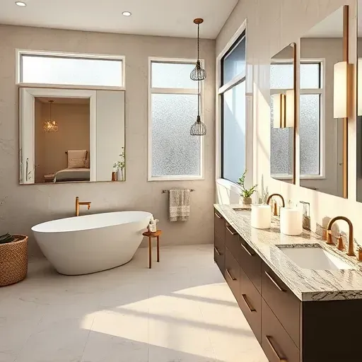 Modern bathroom remodel in Crenshaw CA featuring freestanding tub, double vanity, and elegant tiles with natural light.