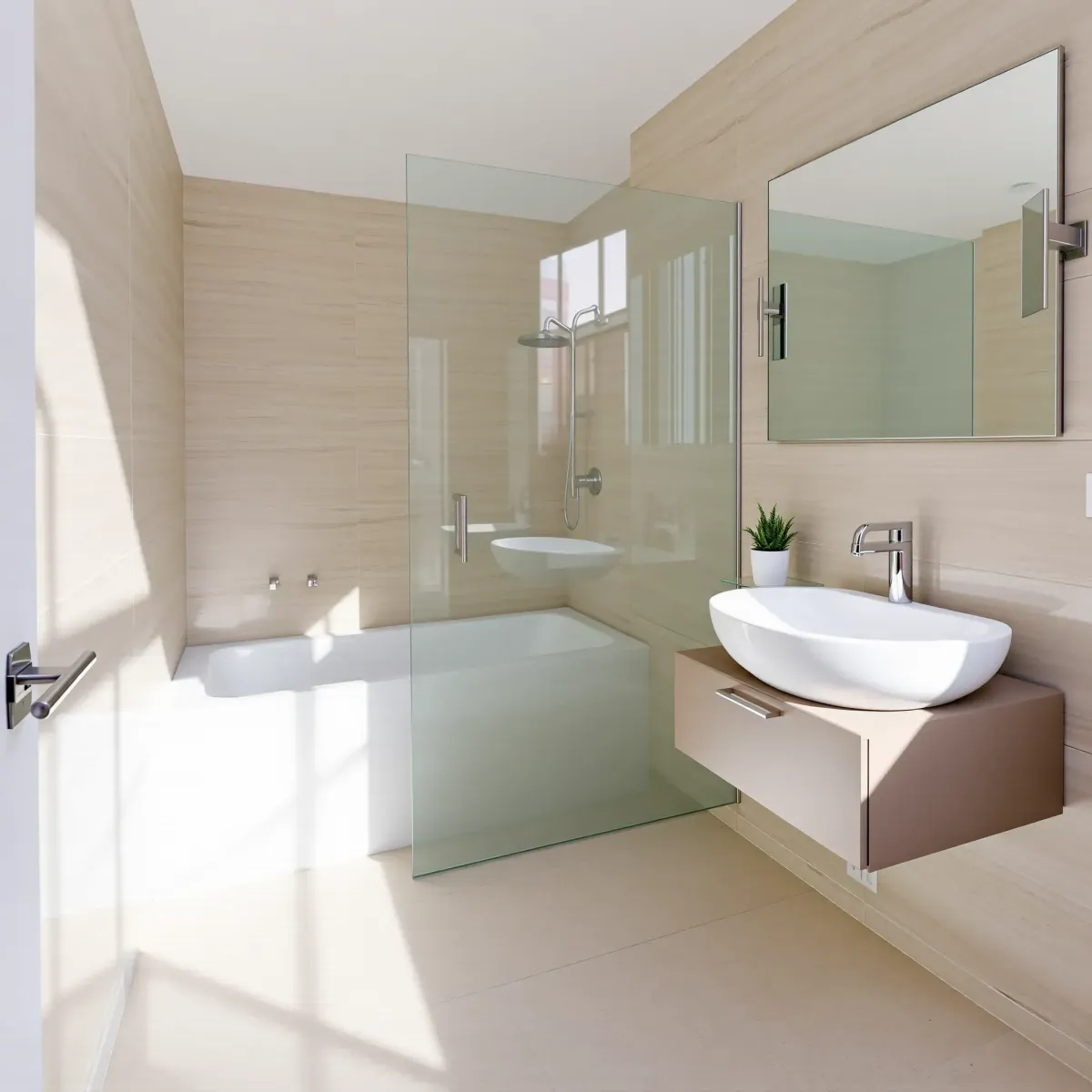 Renovated small bathroom in Jefferson Park, CA with modern fixtures, neutral tiles, glass shower, floating vanity, and natural light.