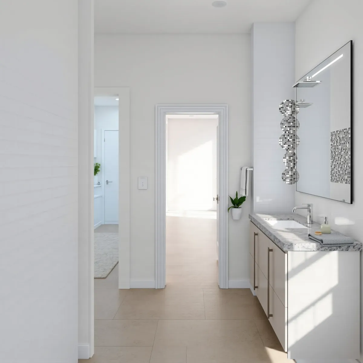 Modern small bathroom in Crenshaw, CA with white subway tiles, floating vanity, glass shower, and stylish finishes.