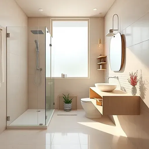 Remodeled small bathroom in Rancho Park CA with modern fixtures, glass shower, quartz vanity, and natural light.