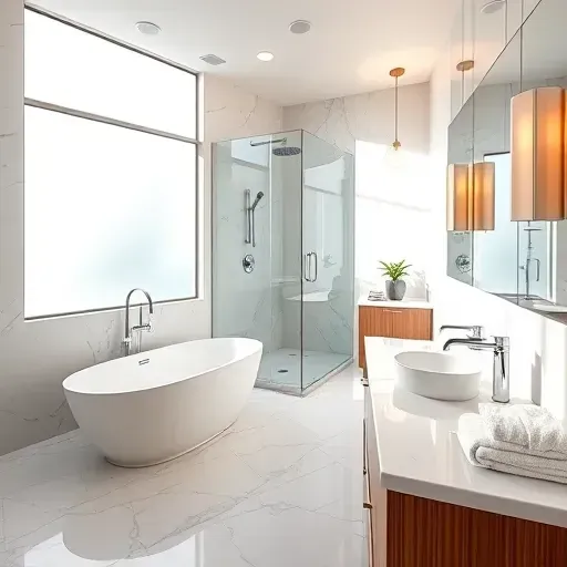 Luxurious Mid Wilshire bathroom features elegant marble tiles, freestanding tub, walk-in shower, and stylish vanity.