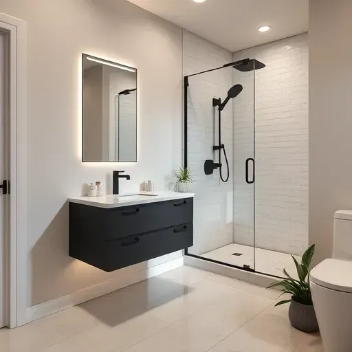 Modern small bathroom in Fairfax District CA with matte black fixtures, marble vanity, frameless glass shower, and polished tiles