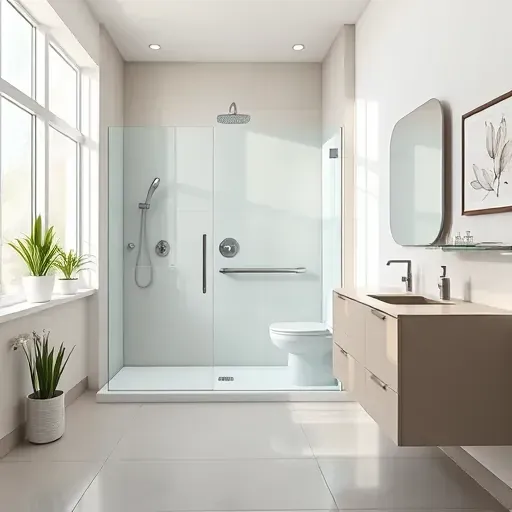 Completed aging in place bathroom remodel in Los Angeles featuring walk-in shower, accessible fixtures, natural light, and modern design
