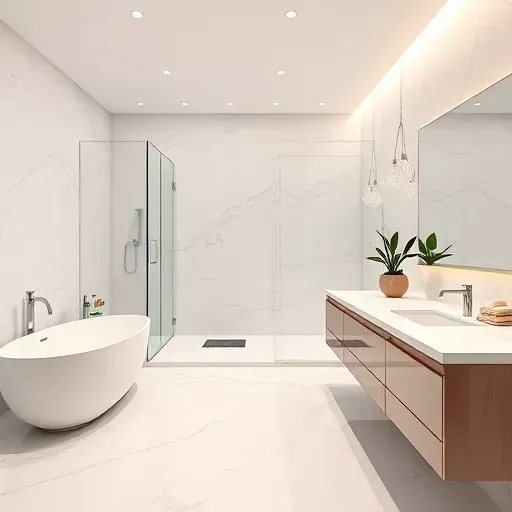 Bathroom remodel in West Los Angeles features luxury fixtures, freestanding tub, walk-in shower, and elegant decor.