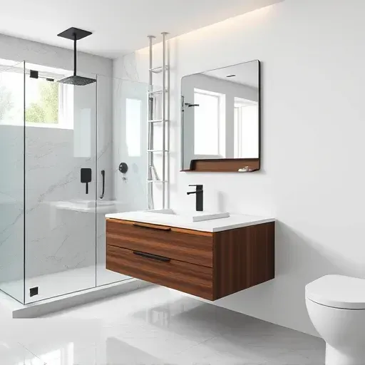 Modern Los Angeles bathroom with dark wood vanity, quartz countertop, matte black fixtures, marble shower, and sleek lighting