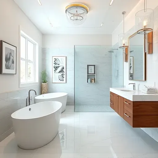 Completed bathroom remodel in Lawndale CA featuring modern soaking tub, glass shower, marble vanity, and stylish decor.