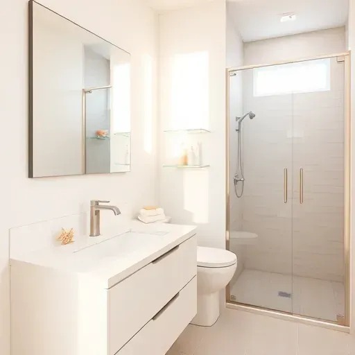 Recently remodeled small bathroom in Marina del Rey featuring a white marble vanity, coastal accents, and modern fixtures.