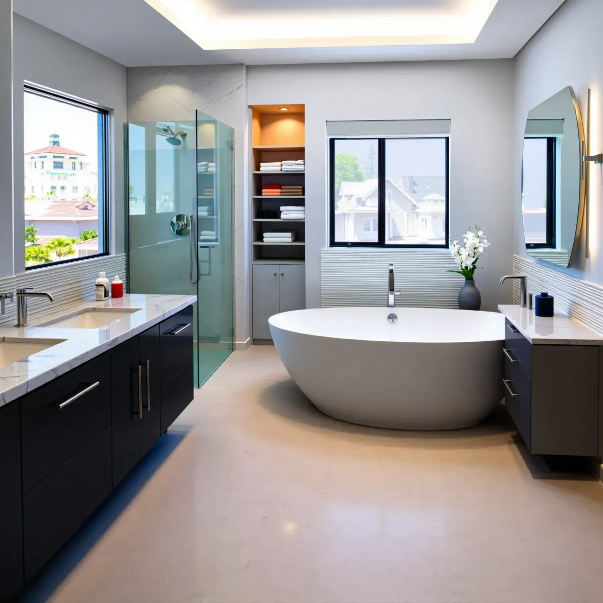 Renovated South LA bathroom with modern fixtures, frosted glass shower, soaking tub, marble counters, and urban view.