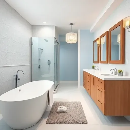 Bathroom remodeling in Redondo Beach CA with modern fixtures, serene colors, elegant tub, and spacious walk-in shower.