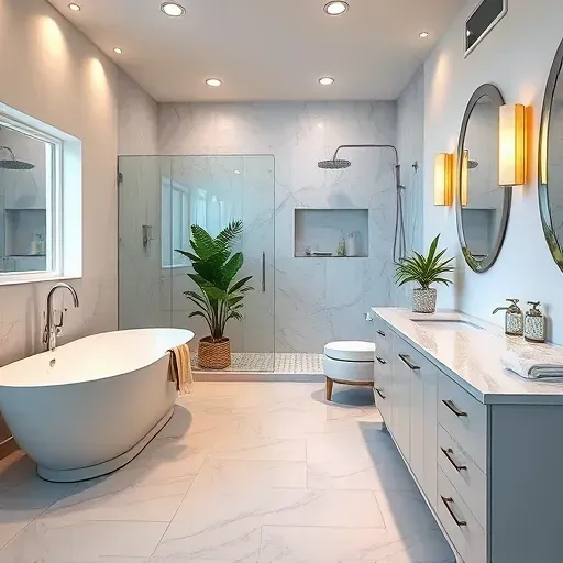 Completed bathroom remodel in Westchester CA featuring freestanding tub, glass shower, double vanity and elegant decor.