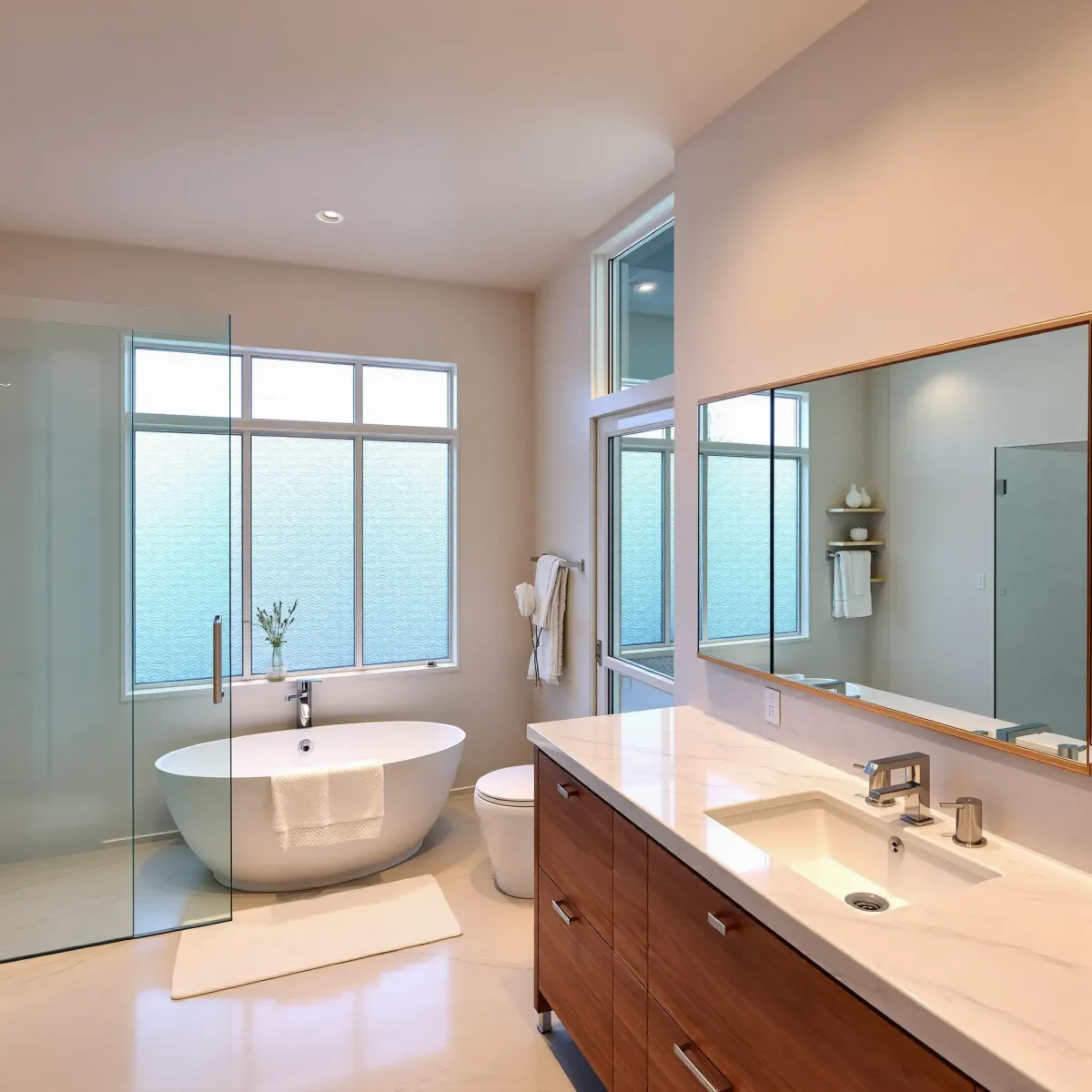 Remodeled Compton bathroom with modern fixtures, neutral tones, large tiles, natural light, and stylish, minimalist decor.