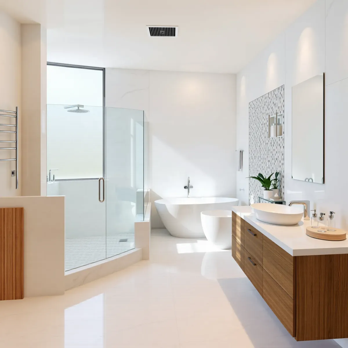 Remodeled Lawndale, CA bathroom with modern fixtures, walk-in shower, soaking tub, sleek vanity, and natural light.