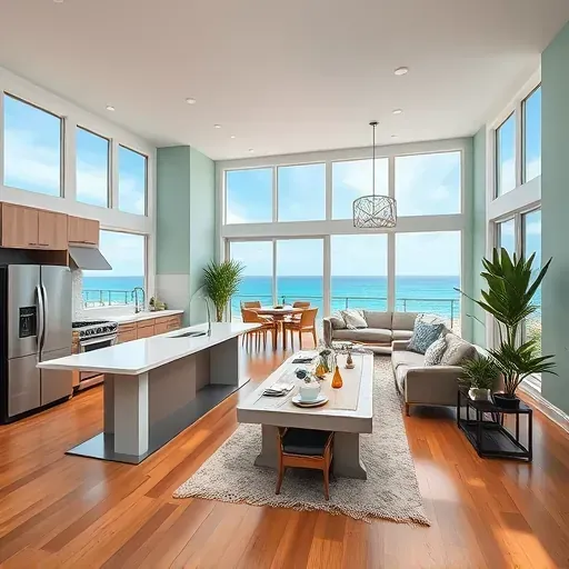 Open-concept living space in Jupiter FL features seafoam walls, modern kitchen, and coastal views with elegant decor.