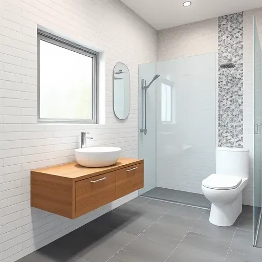Recently remodeled small modern bathroom in Hyde Park CA with white subway tiles, wood vanity, vessel sink, glass shower, and natural light