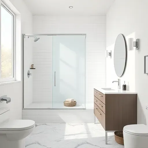 Recently renovated small bathroom in Jefferson Park CA with marble countertop modern fixtures glass shower subway tiles textured stone floor