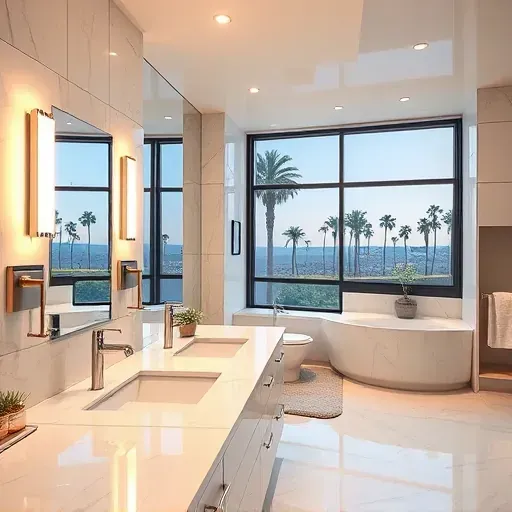 Luxurious renovated Los Angeles bathroom with sleek fixtures, warm lighting, marble countertops, and city views