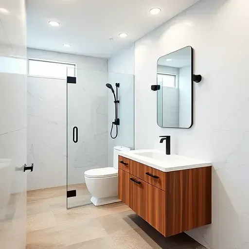 Modern small bathroom remodel in Fairfax District with white marble countertops, black fixtures, wood vanity, large neutral tiles, glass shower, and natural light