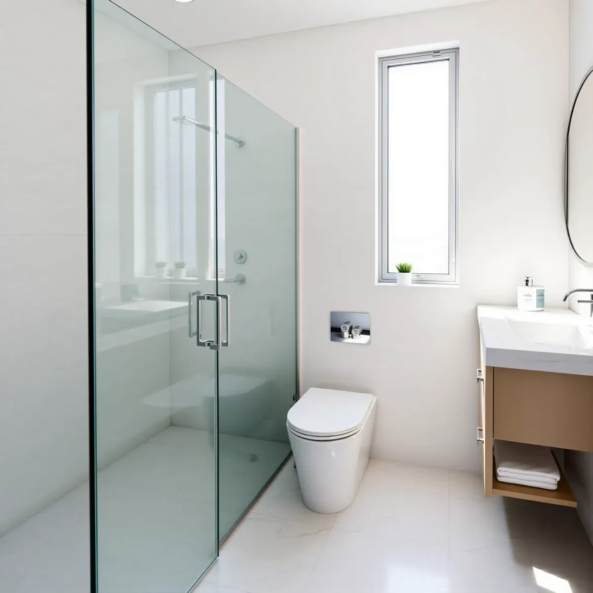 Modern small bathroom in Mid Wilshire, CA with marble vanity, glass shower, stylish tiles, and natural lighting.