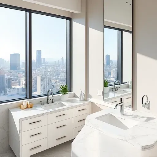 Completed custom vanity in Los Angeles with marble countertops, elegant cabinetry, large mirror, city skyline view