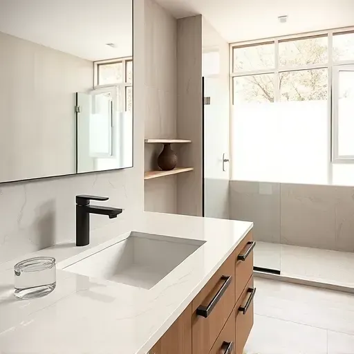 Modern Los Angeles bathroom vanity with marble countertops, matte black fixtures, large frosted windows, and luxury tile decor