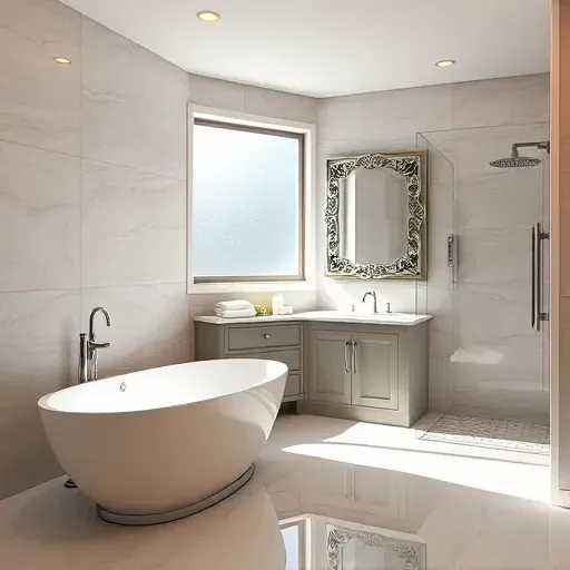 Elegant bathroom remodel in Windsor Hills featuring a modern freestanding tub, walk-in shower, and stylish double sink vanity.