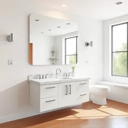 Finished mirror and fixture installation in a modern sleek bathroom with polished surfaces and natural light in Los Angeles