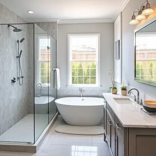 Completed bathroom remodel in Gardena CA with elegant fixtures, walk-in shower, freestanding tub, and stylish décor.