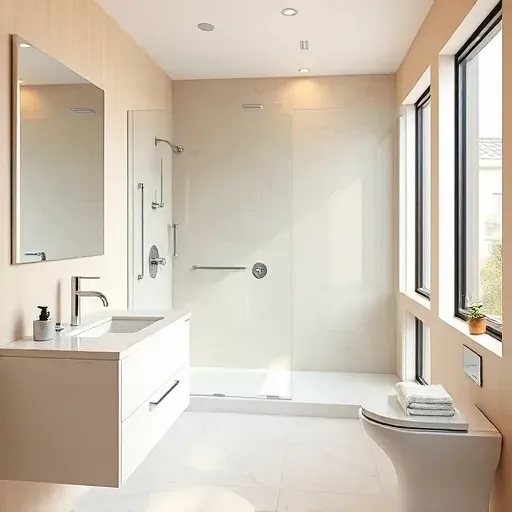 Recently remodeled small Manhattan Beach bathroom with sleek fixtures, neutral tones, large windows, and elegant minimalist design