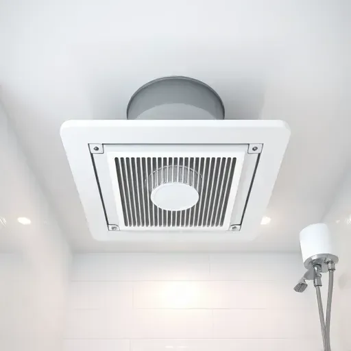 Seamlessly installed bathroom exhaust fan on a modern white tiled ceiling in a sleek, stylish Los Angeles bathroom interior