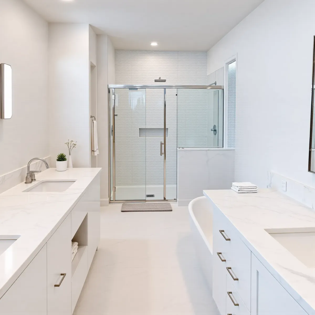Remodeled Compton bathroom with modern fixtures, walk-in shower, marble countertops, sleek cabinetry, and natural lighting.