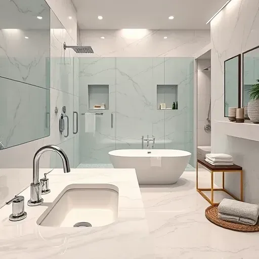 Luxurious Beverly Hills bathroom remodel with marble countertop, stylish faucet, elegant tiles, and ambient lighting.