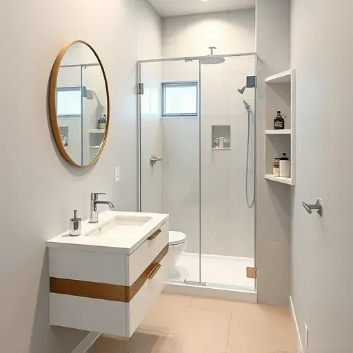 Modern renovated small bathroom in Lawndale CA with white vanity, marble countertop, chrome fixtures, glass shower, neutral tiles