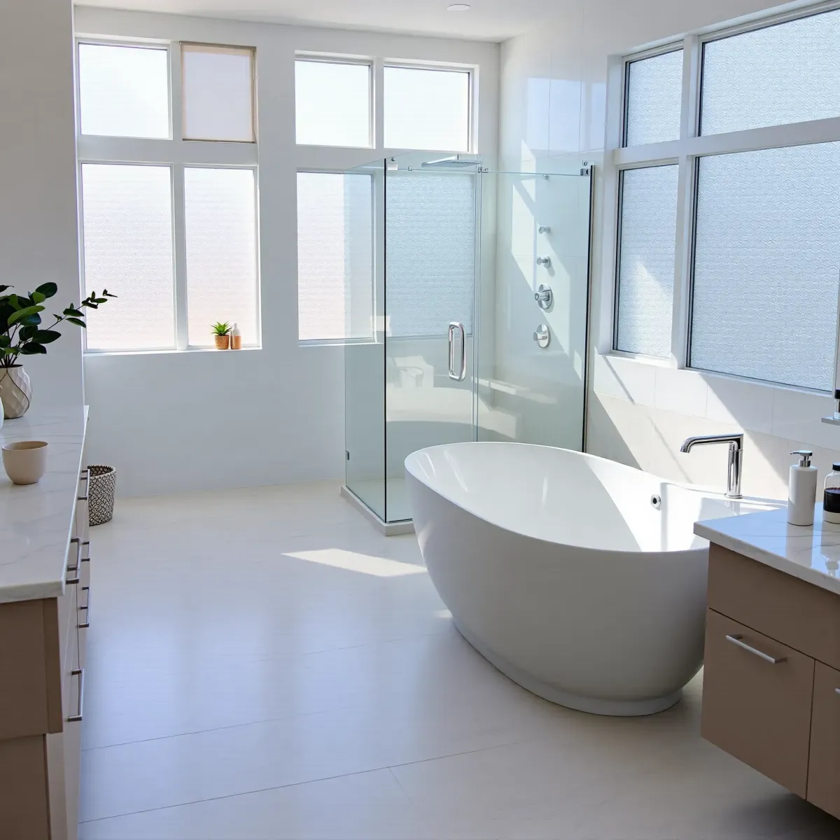 Modern Hyde Park bathroom with a soaking tub, walk-in shower, double vanity, marble countertops, and warm neutral tones.