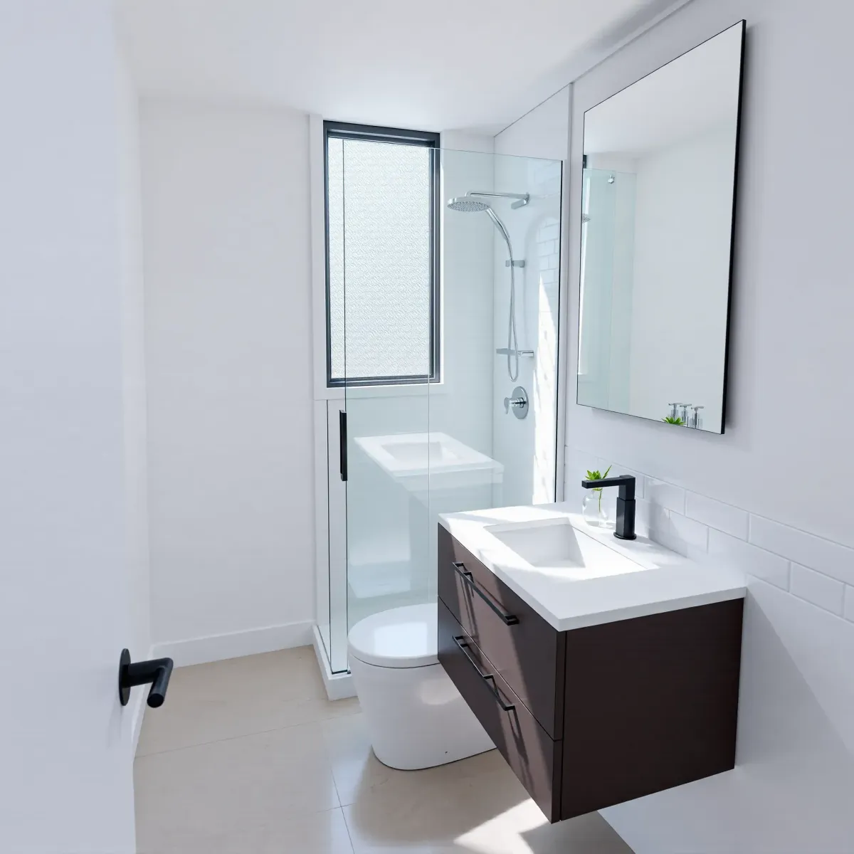 Beautiful small bathroom in Playa Vista, CA with white marble countertops, modern fixtures, and coastal-inspired decor.