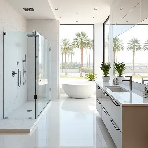 Modern renovated Los Angeles bathroom with walk-in shower, soaking tub, double vanity, marble tiles, and city views