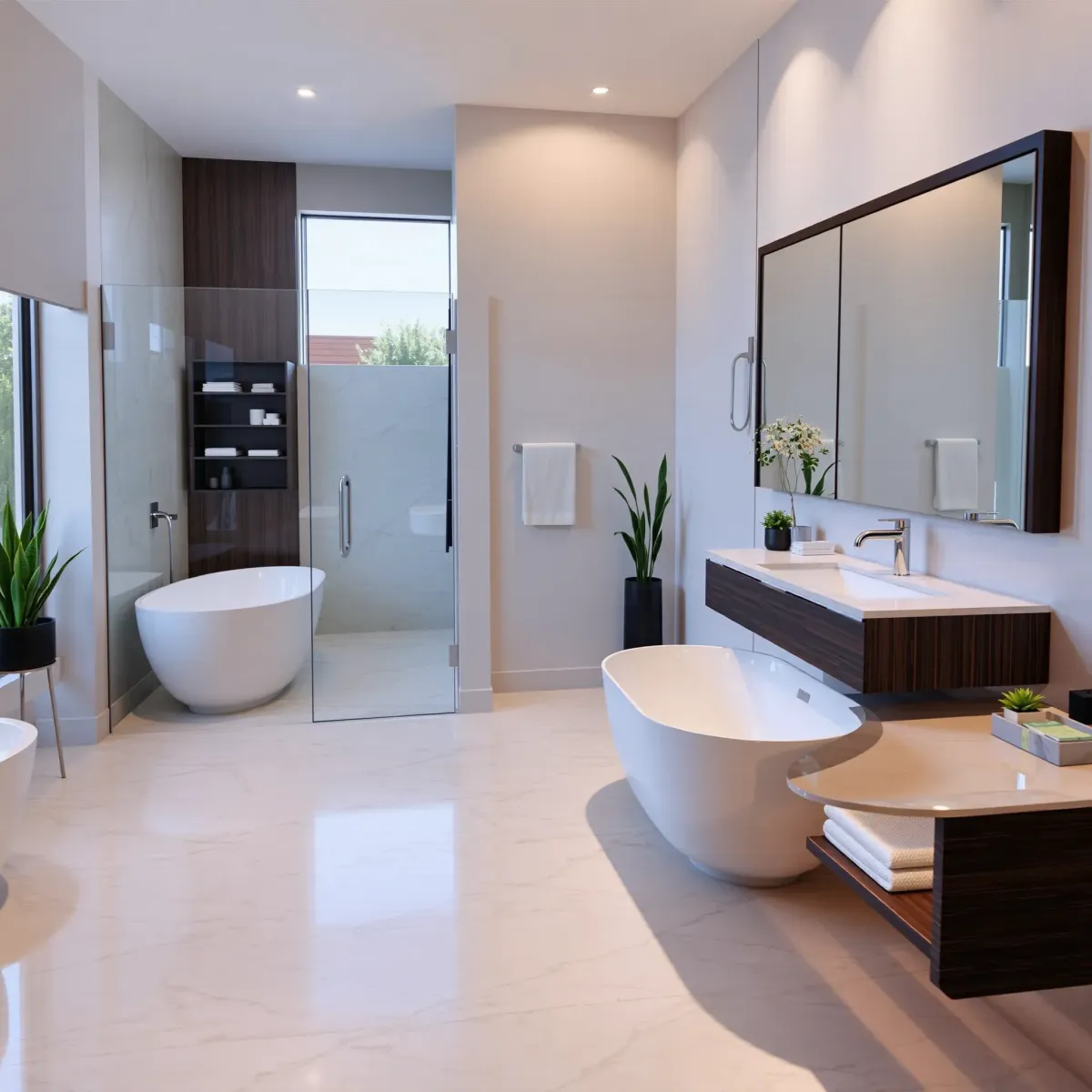 Remodeled Leimert Park bathroom with walk-in shower, marble tiles, freestanding tub, dark wood vanity, and natural light.
