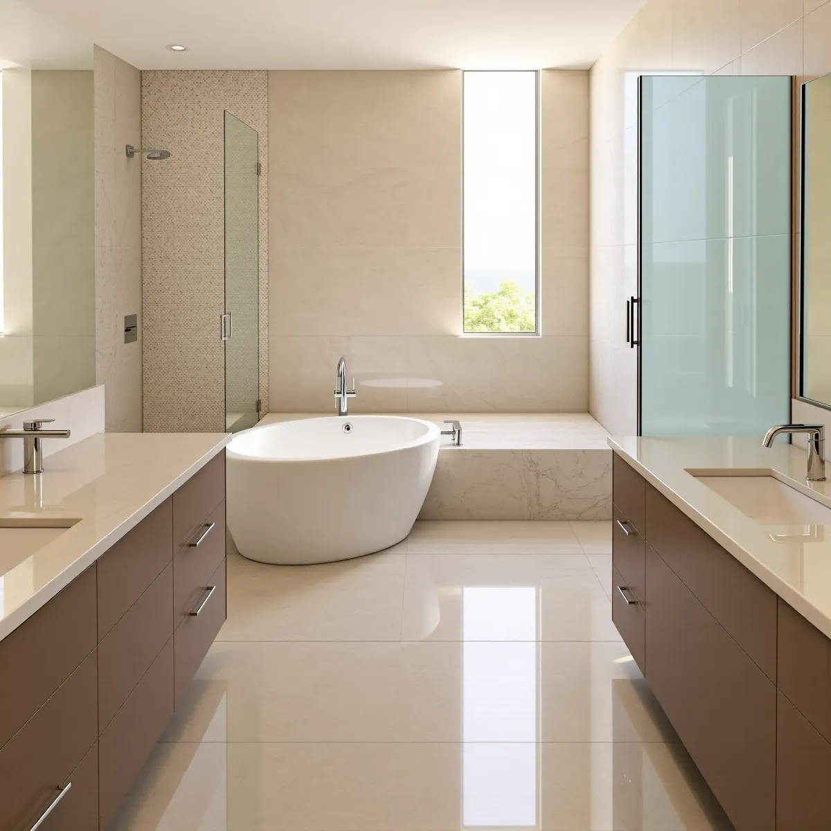 Modern renovated Lomita bathroom with marble floors, glass shower, floating vanity, and natural light.